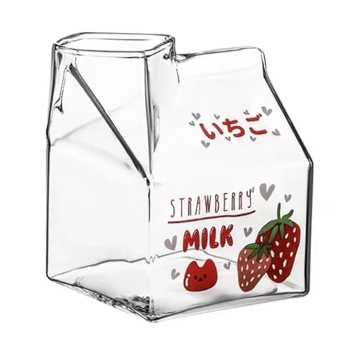Persistence 380 ml Kawaii Quadratische Milchkarton-Glas-Tasse Süße Erdbeere Pfirsich Frühstückstasse Puddingbecher Milchflaschen einfach zu bedienen, hohe Gualität, A von Persistence