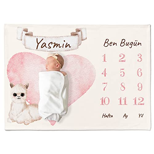 Personalisierte Baby Meilenstein Decke mit Wunschtier, Name und Motivfarbe auf Türkisch | Babydecke Meilensteindecke Monatsdecke Neugeborenen Geschenk für Jungen & Mädchen | Kuscheldecke von Personalisedog