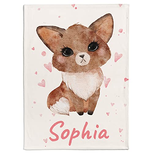 Personalisierte Babydecke mit Wunschtier, Name, Geburtsdatum und Motivfarbe (Fox small Hearts) von Personalisedog
