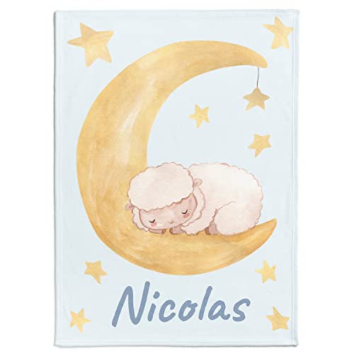 Personalisierte Babydecke Kinderdecke mit eigenen Namen, Schaf- und Mondmotiv & Farbauswahl | Individuelle Baby Decke Namensdecke mit Schaf Motiv (Schaf mit Mond), 80 x 110 cm von Personalisedog