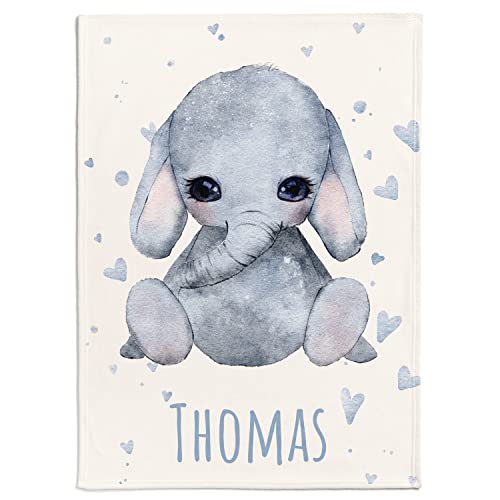 Personalisierte Babydecke mit Wunschtier, Name, Geburtsdatum und Motivfarbe (Elefant mit kleinen Herzen) von Personalisedog