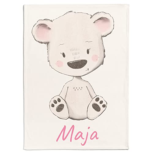 Personalisedog Personalisierte Babydecke mit Wunschtier, Name, Geburtsdatum und Motivfarbe (Schneebär), 80 x 110 cm von Personalisedog