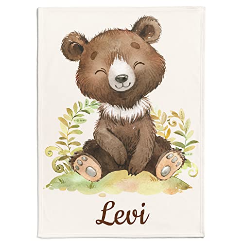 Personalisierte Babydecke mit Wunschtier, Name, Geburtsdatum und Motivfarbe (Braun) von Personalisedog