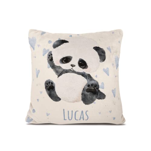 Personalisedog Personalisiertes Fleece Baby Kissen mit Wunschname & Tierdesign und Motivfarbe | Namenskissen Geschenk zur Geburt oder Taufe mit Namen für Junge & Mädchen (Panda mit Herzen) von Personalisedog