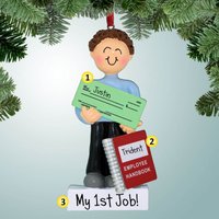 Neuer Job, Der Überprüft - Männliches Braunes Haar Personalisierte Weihnachtsverzierung Mitarbeiterbeförderung Perfekte Handschrift 1.beschäftigung von PersonalizedFree