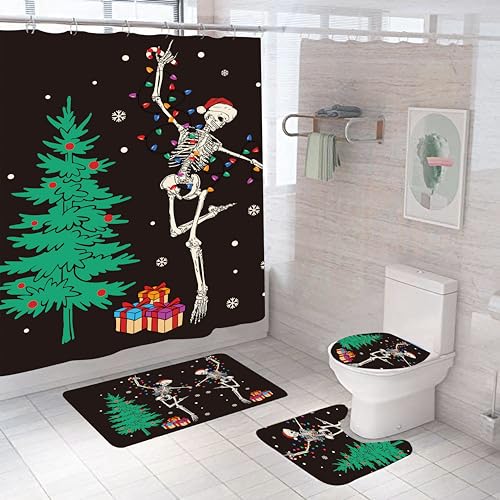 Peryiter Duschvorhang-Set mit Weihnachts-Skelett-Motiv, mit rutschfester Matte, WC-Deckelbezug und Badematte, Polyester-Duschvorhang mit 12 Haken, langlebiges Badezimmer-Dekor-Set, 183 x 183 cm, 4 von Peryiter