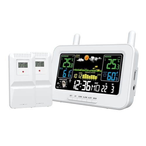 Pesderty Multifunktions-Farbdisplay-Digital-Wetterstation Wetterstation Funkuhr mit Drahtlosem Außensensor EU-Stecker B von Pesderty