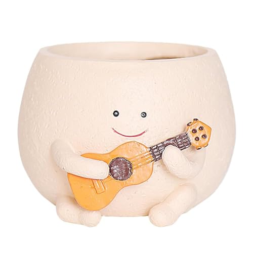 Pesfehhy Blumentopf mit -Gesicht und Abflussloch, Süßes Kunstharz für Pflanzenstränge, Einzigartige Gitarren-Sukkulenten-Töpfe für Den Innenbereich von Pesfehhy