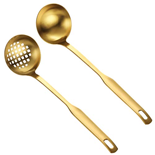 Pesfehhy Gold Suppe Pfannensieb Set, Langgriff Edelstahl KüChengeschirr Kochgeschirr ServierlöFfel, zum Kochen Von Utensilien (2 PCS) von Pesfehhy