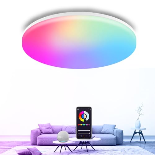 LED Deckenleuchte, 24W 2400LM Smart RGB Deckenlampe Dimmbar 2700K-6500K, Kompatibel mit Alexa & Google, Farbwechsel Flach Schlafzimmer Lampe für Wohnzimmer, Schlafzimmer, Kinderzimmer (Ø26.8CM) von Pesken