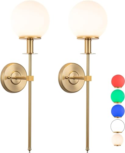 Peskoe 2 Stück Wandlampe/Wandlampe, nicht verbundene Kupfer-Gold-Weißglaskugel, drahtlose Lampe für Schlafzimmer, Wohnzimmer, Bad und Flur (Color : Black) von Peskoe