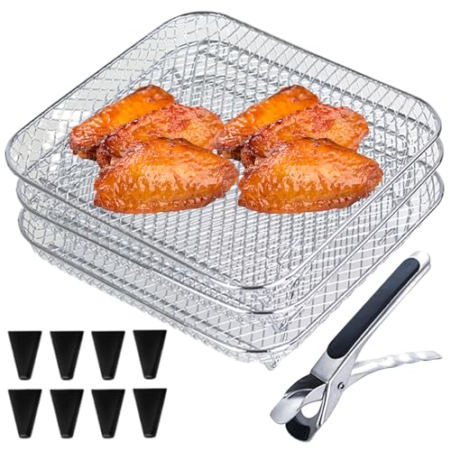 Airfryer Zubehör,Luftfritteusen Regal aus lebensmittelechtem Edelstahl 3 lagig stapelbares Luftfritteusen Regal mit 8 Silikonfüßen 1 Pinzette und 1 Bürste für Ofen, quadratisch,luftfritteuse Airfryer Zubehör,Luftfritteusen Regal aus lebensmittelechtem Edelstahl 3 lagig stapelbares Luftfritteusen Regal mit 8 Silikonfüßen 1 Pinzette und 1 Bürste für Ofen, quadratisch,luftfritteuse von Pesoncarl