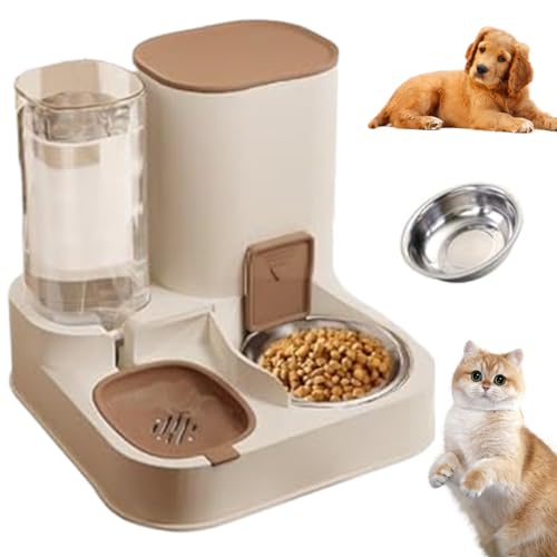 Automatische Futterhäuschen, automatische Katzenfuttermittel 2 in 1 Edelstahl und PP Katze Feeder und Wasser großer Kapazitätspender abnehmbarer Katzenfutterspender für kleine Hunde und Katzen Braun von Pesoncarl