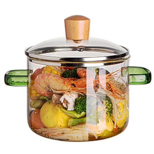 Klare Töpfe zum Kochen, Glaskochtopf, 1,6 l Doppelgriff klarer topf mikrowavierbares Glas Kochtopf Hitzebeständig, Glastöpfe zum Kochen von Suppe Milchbrei, grüner Griff von Pesoncarl