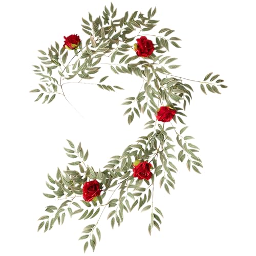 Laubgirlande, 5,58 Fuß Frühlingsgirlande mit roten Rosen Flexibler und biegsamer künstlicher Blumen Girland von Pesoncarl