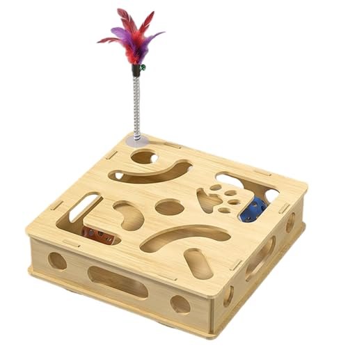 Pesoncarl Cat Puzzle Toy Box mit 2 Bällen und Federstab natürlicher Holz interaktive Katzenjagdspielzeug für Innenkatzen Haustiere von Pesoncarl