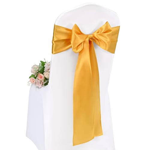 Pesonlook 100 Stück Gold Satin Stuhlschärpen Stuhl Dekorative Schleife Entworfene 17 x 275 cm Stuhlschärpen Schleife Krawattenband für Hochzeit Party Hoteldekoration (Gold) von Pesonlook