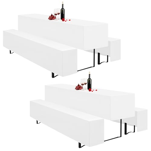 Pesonlook 2er Packung 3er Set Biertischhussen und Bankhussen, 2 weiß Biertisch und 4 weiß Bankhussen Set für 220 x 70cm Tischbreite, Bierbankhussen Bierzeltgarnitur für Bankette im Freien (weiß) von Pesonlook