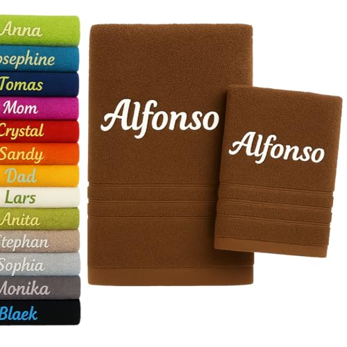 2er Pack Personalisiertes Handtuch und Badetuch mit Namen 2er Pack Schön gestickter Name Handbadetuch 100% Baumwollhandtuch 50 x 100 cm + 140 x 70 cm Personalized Custom Towel with Name (Braun) von Pet-Jos