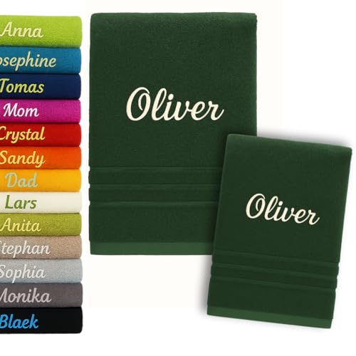 2er Pack Personalisiertes Handtuch und Badetuch mit Namen 2er Pack Schön gestickter Name Handbadetuch 100% Baumwollhandtuch 50 x 100 cm + 140 x 70 cm Personalized Custom Towel with Name (Dark Green) von Pet-Jos