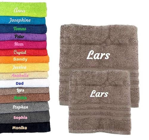 Pet-Jos 2er Pack Personalisiertes Handtuch und Badetuch mit Namen Schön gestickter Name Handbadetuch 100 % Baumwollhandtuch 50 x cm + 140 70 Personalized Custom Towel with (Dunkelbeige) von Pet-Jos