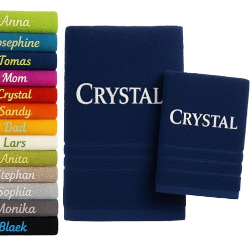 2er Pack Personalisiertes Handtuch und Badetuch mit Namen 2er Pack Schön gestickter Name Handbadetuch 100% Baumwollhandtuch 50 x 100 cm + 140 x 70 cm Personalized Custom Towel with Name (Dunkelblau) von Pet-Jos