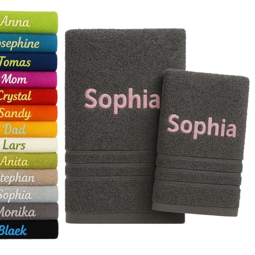 Pet-Jos 2er Pack Personalisiertes Handtuch und Badetuch mit Namen Schön gestickter Name Handbadetuch 100 % Baumwollhandtuch 50 x cm + 140 70 Personalized Custom Towel with (Dunkelgrau) von Pet-Jos