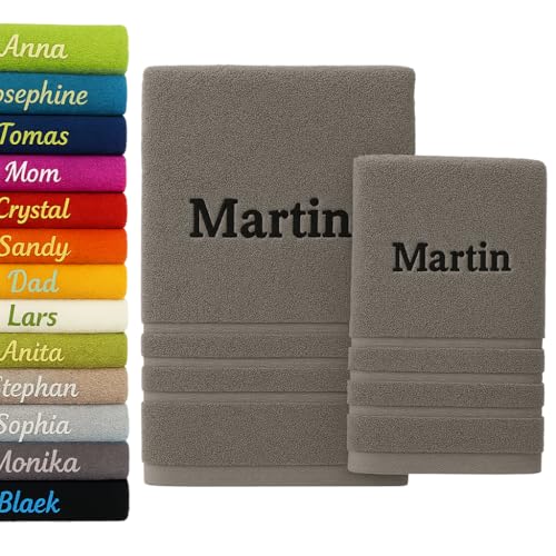 Pet-Jos 2er Pack Personalisiertes Handtuch und Badetuch mit Namen Schön gestickter Name Handbadetuch 100 % Baumwollhandtuch 50 x cm + 140 70 Personalized Custom Towel with (Grau) von Pet-Jos