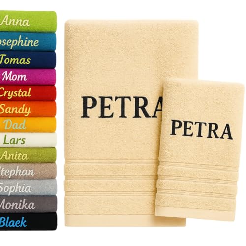 Pet-Jos 2er Pack Personalisiertes Handtuch und Badetuch mit Namen Schön gestickter Name Handbadetuch 100 % Baumwollhandtuch 50 x cm + 140 70 Personalized Custom Towel with (Hell beige) von Pet-Jos