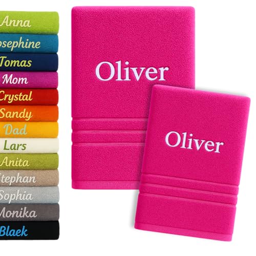 2er Pack Personalisiertes Handtuch und Badetuch mit Namen 2er Pack Schön gestickter Name Handbadetuch 100% Baumwollhandtuch 50 x 100 cm + 140 x 70 cm Personalized Custom Towel with Name (Rosa) von Pet-Jos