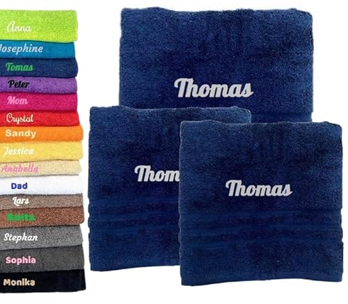 3er Pack Personalisiertes Handtuch und Badetuch mit Namen, Schön gestickter Name Handbadetuch 100% Baumwollhandtuch 2X (50 x 100 cm) + 1x (140 x 70 cm) Personalized Custom Towel with Name (Blau) von Pet-Jos