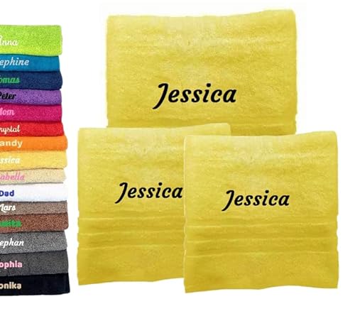 3er Pack Personalisiertes Handtuch und Badetuch mit Namen, Schön gestickter Name Handbadetuch 100% Baumwollhandtuch 2X (50 x 100 cm) + 1x (140 x 70 cm) Personalized Custom Towel with Name (Gelb) von Pet-Jos