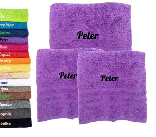 3er Pack Personalisiertes Handtuch und Badetuch mit Namen, Schön gestickter Name Handbadetuch 100% Baumwollhandtuch 2X (50 x 100 cm) + 1x (140 x 70 cm) Personalized Custom Towel with Name (Lila) von Pet-Jos