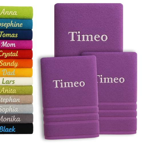 3er Pack Personalisiertes Handtuch und Badetuch mit Namen, Schön gestickter Name Handbadetuch 100% Baumwollhandtuch 2X (50 x 100 cm) + 1x (140 x 70 cm) Personalized Custom Towel with Name (Lila) von Pet-Jos