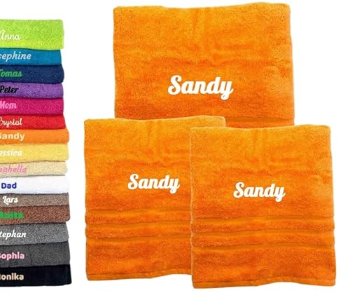 3er Pack Personalisiertes Handtuch und Badetuch mit Namen, Schön gestickter Name Handbadetuch 100% Baumwollhandtuch 2X (50 x 100 cm) + 1x (140 x 70 cm) Personalized Custom Towel with Name (Orange) von Pet-Jos