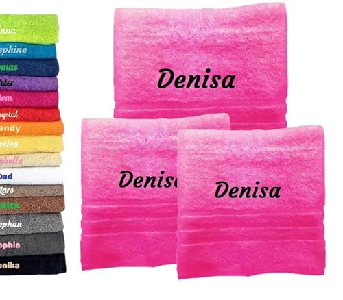 3er Pack Personalisiertes Handtuch und Badetuch mit Namen, Schön gestickter Name Handbadetuch 100% Baumwollhandtuch 2X (50 x 100 cm) + 1x (140 x 70 cm) Personalized Custom Towel with Name (Rosa) von Pet-Jos