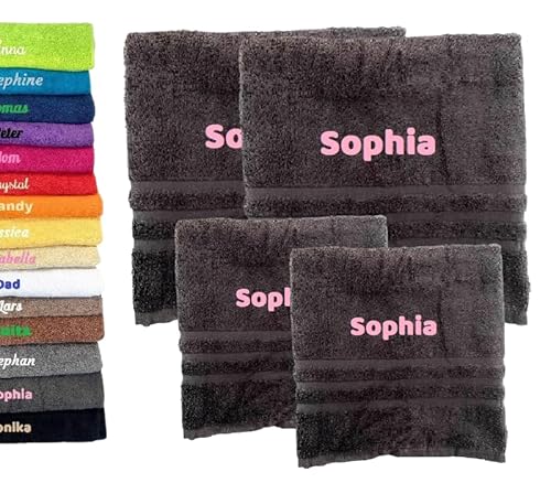 4er Pack Personalisiertes Handtuch und Badetuch mit Namen, Schön gestickter Name Handbadetuch 100% Baumwollhandtuch 2X (50 x 100 cm) + 2X (140 x 70 cm) Personalized Custom Towel with Name (Graphit) von Pet-Jos