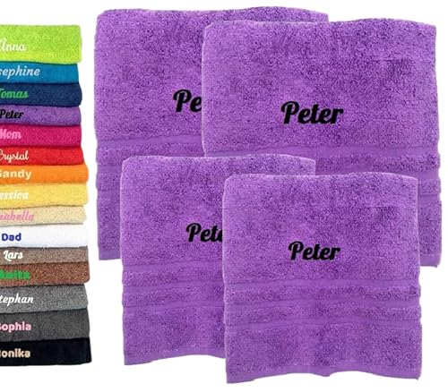 4er Pack Personalisiertes Handtuch und Badetuch mit Namen, Schön gestickter Name Handbadetuch 100% Baumwollhandtuch 2X (50 x 100 cm) + 2X (140 x 70 cm) Personalized Custom Towel with Name (Lila) von Pet-Jos
