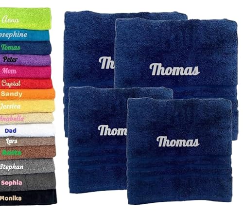 4er Pack Personalisiertes Handtuch und Badetuch mit Namen Schön gestickter Name Handbadetuch 100% Baumwollhandtuch 2X (50 x 100 cm) + 2X (140 x 70 cm) Personalized Custom Towel with Name (Blau) von Pet-Jos