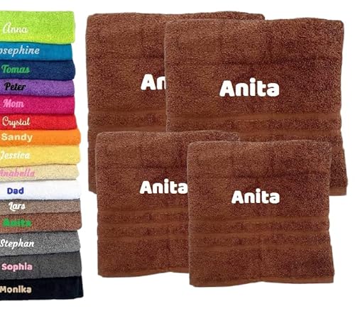 4er Pack Personalisiertes Handtuch und Badetuch mit Namen Schön gestickter Name Handbadetuch 100% Baumwollhandtuch 2X (50 x 100 cm) + 2X (140 x 70 cm) Personalized Custom Towel with Name (Braun) von Pet-Jos