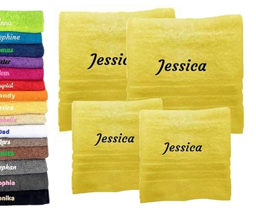 4er Pack Personalisiertes Handtuch und Badetuch mit Namen Schön gestickter Name Handbadetuch 100% Baumwollhandtuch 2X (50 x 100 cm) + 2X (140 x 70 cm) Personalized Custom Towel with Name (Gelb) von Pet-Jos