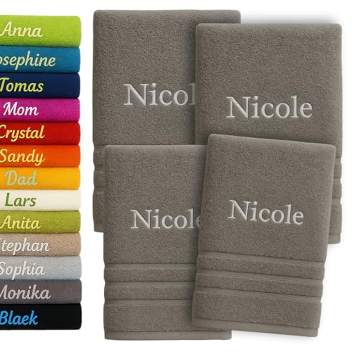 4er Pack Personalisiertes Handtuch und Badetuch mit Namen Schön gestickter Name Handbadetuch 100% Baumwollhandtuch 2X (50 x 100 cm) + 2X (140 x 70 cm) Personalized Custom Towel with Name (Grau) von Pet-Jos