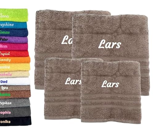 4er Pack Personalisiertes Handtuch und Badetuch mit Namen Schön gestickter Name Handbadetuch 100% Baumwollhandtuch 2X (50 x 100 cm) + 2X (140 x 70 cm) Personalized Custom Towel with Name (Hellbraun) von Pet-Jos