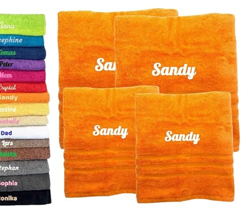 4er Pack Personalisiertes Handtuch und Badetuch mit Namen Schön gestickter Name Handbadetuch 100% Baumwollhandtuch 2X (50 x 100 cm) + 2X (140 x 70 cm) Personalized Custom Towel with Name (Orange) von Pet-Jos