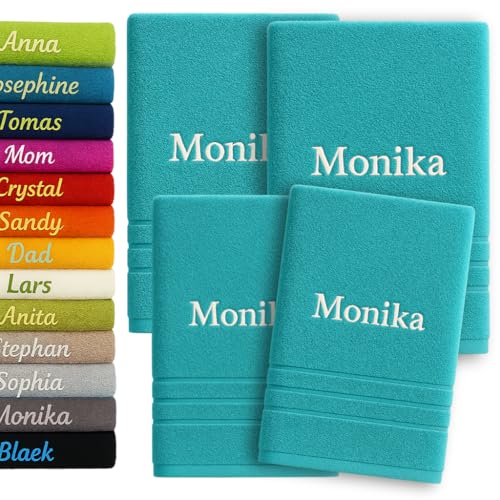 4er Pack Personalisiertes Handtuch und Badetuch mit Namen Schön gestickter Name Handbadetuch 100% Baumwollhandtuch 2X (50 x 100 cm) + 2X (140 x 70 cm) Personalized Custom Towel with Name (Türkis) von Pet-Jos