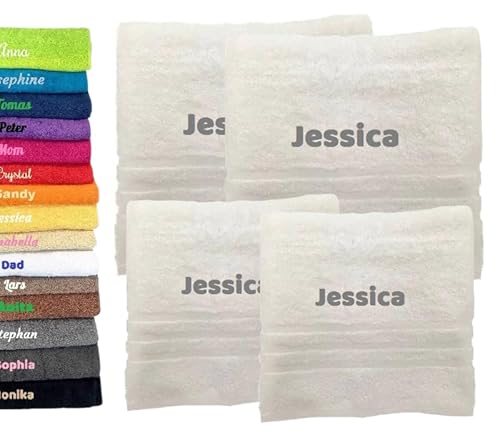 4er Pack Personalisiertes Handtuch und Badetuch mit Namen Schön gestickter Name Handbadetuch 100% Baumwollhandtuch 2X (50 x 100 cm) + 2X (140 x 70 cm) Personalized Custom Towel with Name (Weiss) von Pet-Jos