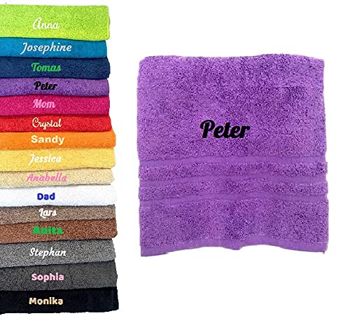 Personalisierbares Handtuch mit beliebigem Namen, wunderschön bestickt, 100 x 50 cm, Badetuch aus Baumwolle (lila) von Pet-Jos