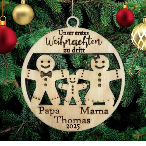 Pet-Jos Personalisierte Unser Erstes Weihnachten zu dritt mit Namen Lebkuchen Christbaumschmuck Weihnachtsdeko aus Holz Weihnachtsbaum Weihnachtsbaumschmuck von Pet-Jos