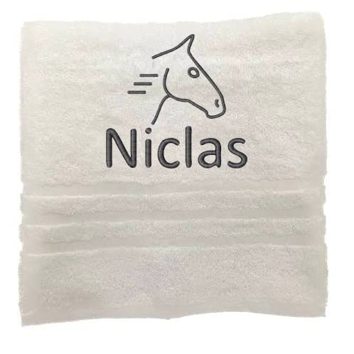 Personalisiertes Handtuch mit Namen Schön gestickter Sport Name Handbadetuch 100% Baumwollhandtuch Sportliche Motive Personalized Custom Towel with Name (100 x 50 cm, Pferd) von Pet-Jos