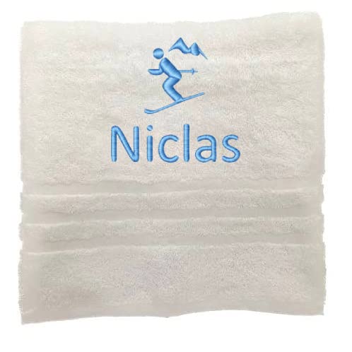 Personalisiertes Handtuch mit Namen Schön gestickter Sport Name Handbadetuch 100% Baumwollhandtuch Sportliche Motive Personalized Custom Towel with Name (140 x 70 cm, Skifahren) von Pet-Jos